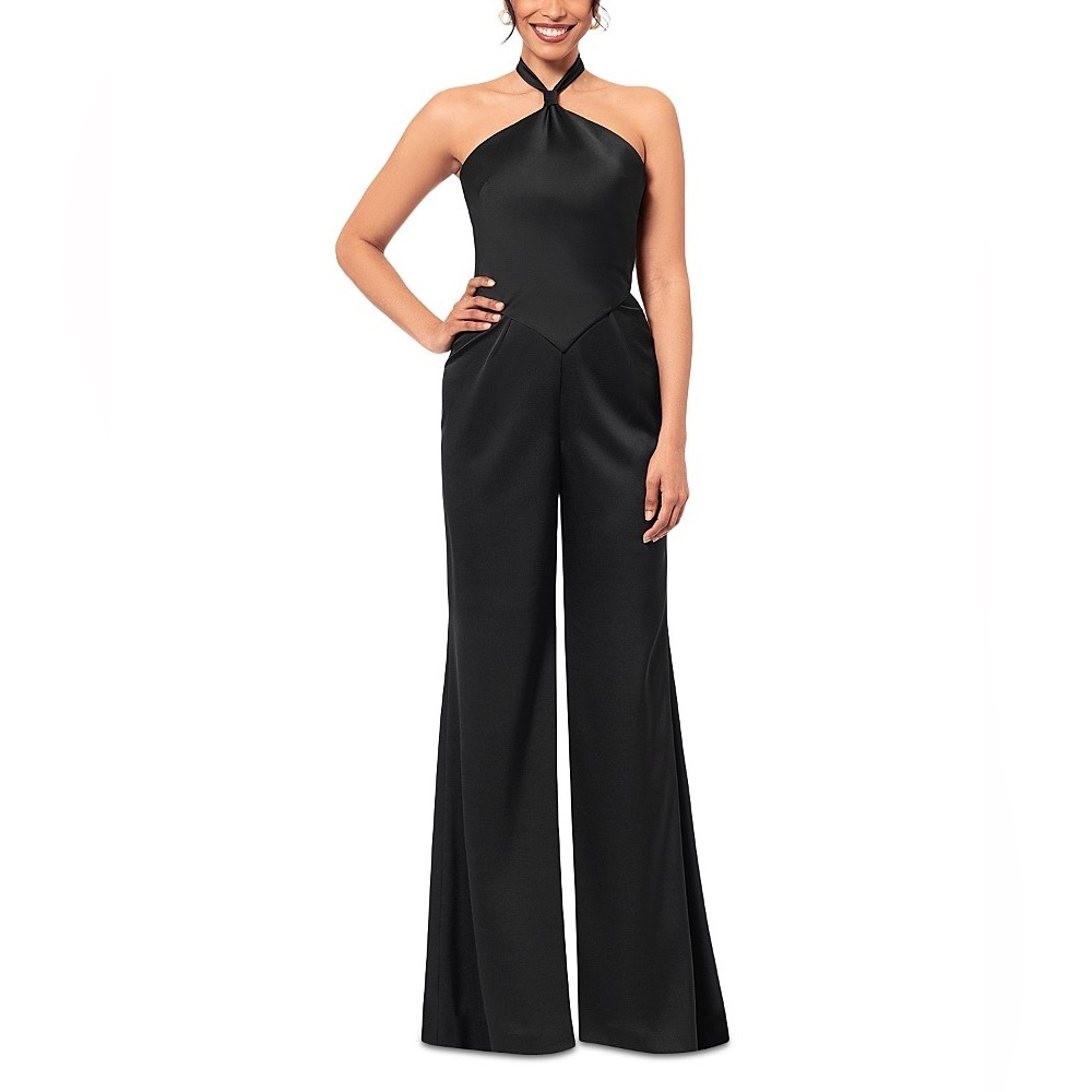 New - AQUA Halter Wide Leg Satin Jumpsuit in Black